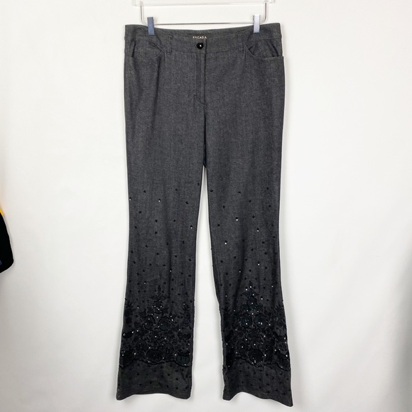 Escada Embroidered Beaded Black Denim Wide Leg Pant 42 - Picture 10 of 10